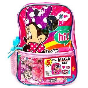 DISNEY JUNIOR Minnie Mouse Girls Backpack 5-Piece Set Pink Rainbow NWT NEW